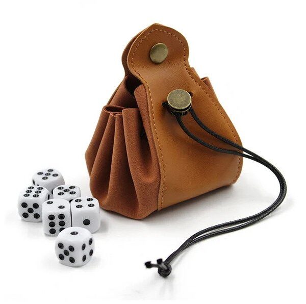 Dice Bag & Dice Tray - Brown - Vegan Leather Drawstring Bag